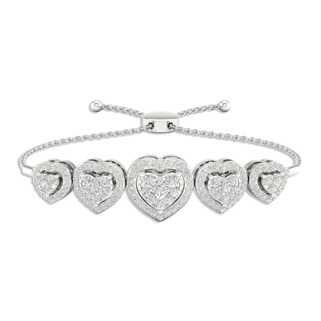 Multi-Diamond Five Heart Bolo Bracelet 1/2 ct tw Round-cut 10K White Gold