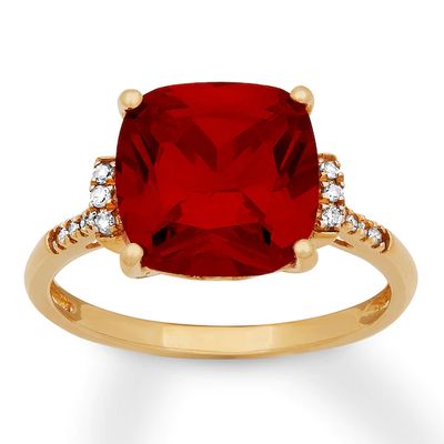 Lab-Created Ruby Ring 1/20 ct tw Diamonds 10K Yellow Gold