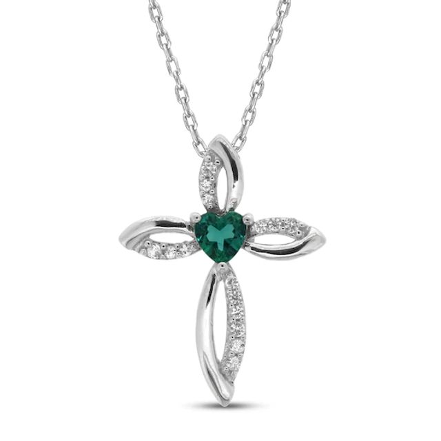 Lab-Created Emerald & White Lab-Created Sapphire Cross Necklace Sterling Silver 18"