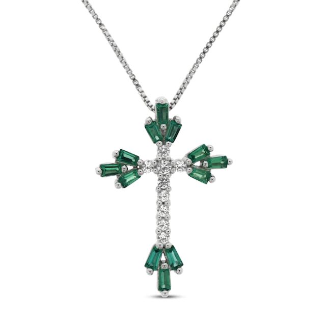 Lab-Created Emerald & White Lab-Created Sapphire Cross Necklace Sterling Silver 18"