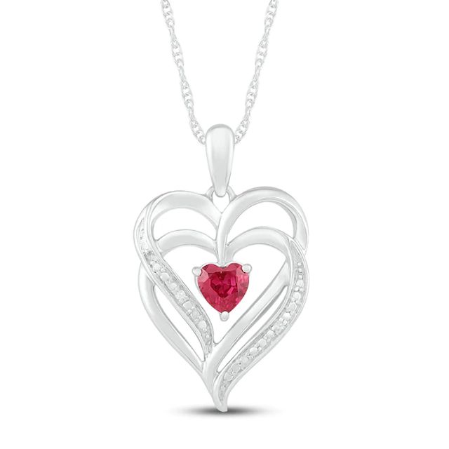 Lab-Created Ruby & Diamond Heart Necklace Sterling Silver 18"