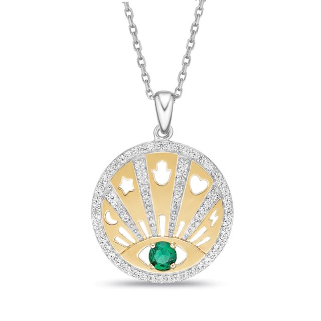 Lab-Created Emerald & White Lab-Created Sapphire Evil Eye Necklace Sterling Silver/10K Yellow Gold 18"