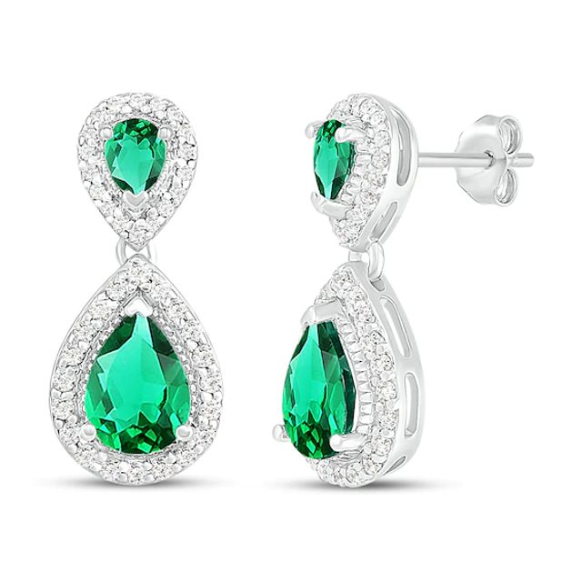 Lab-Created Emerald & White Lab-Created Sapphire Dangle Earrings Sterling Silver