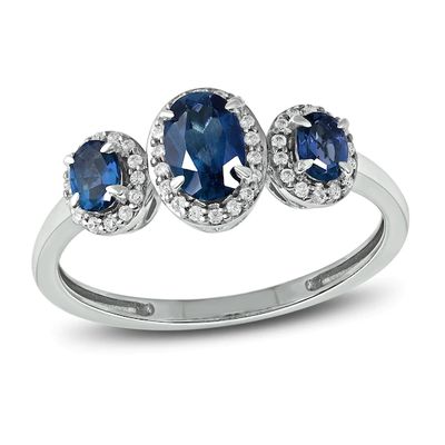 Three-Stone Blue Sapphire & Diamond Ring 1/8 ct tw Oval, Round-Cut 10K White Gold