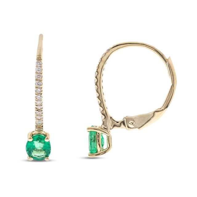 Genuine Round Emerald And Diamond Drop Hook Earrings