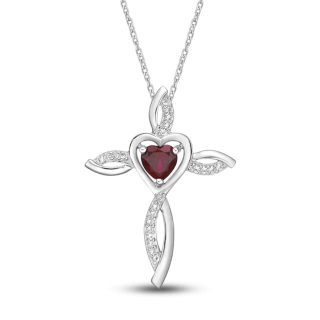 Lab-Created Ruby & White Lab-Created Sapphire Cross Necklace Sterling Silver 18"