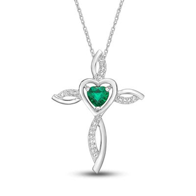 Kay Lab-Created Emerald & White Lab-Created Sapphire Cross Necklace Sterling Silver 18"