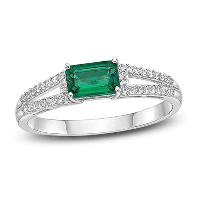 Lab-Created Emerald & White Lab-Created Sapphire Ring Sterling Silver