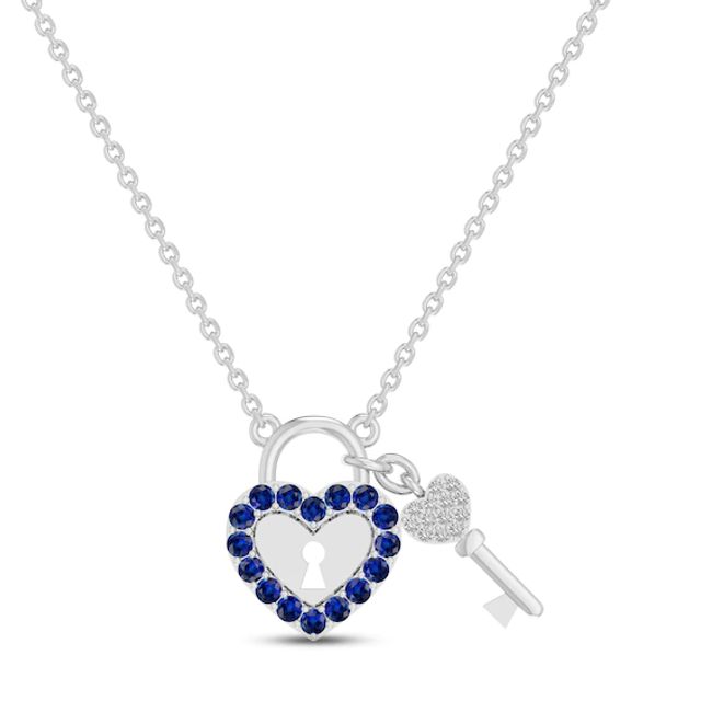 Blue & White Lab-Created Sapphire Heart Lock & Key Necklace Sterling Silver 18"