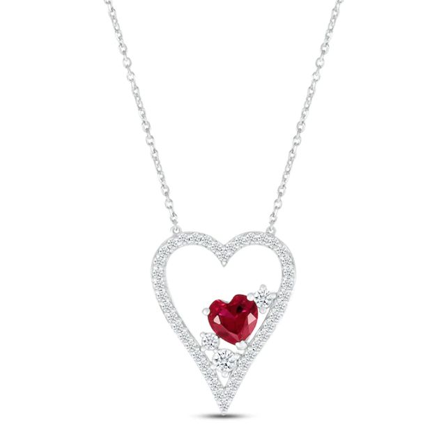 Lab-Created Ruby & White Lab-Created Sapphire Heart Necklace Sterling Silver 18"