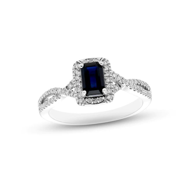 Blue Sapphire & Diamond Ring 1/6 ct tw Round-cut 10K White Gold