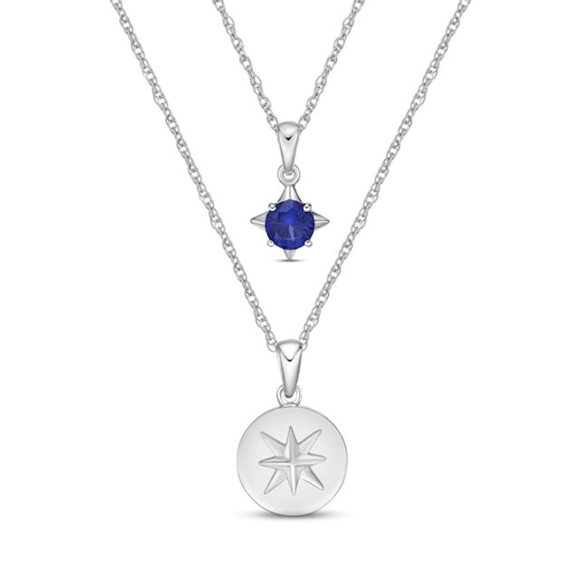 Blue Lab-Created Sapphire Compass Necklace Boxed Set Sterling Silver