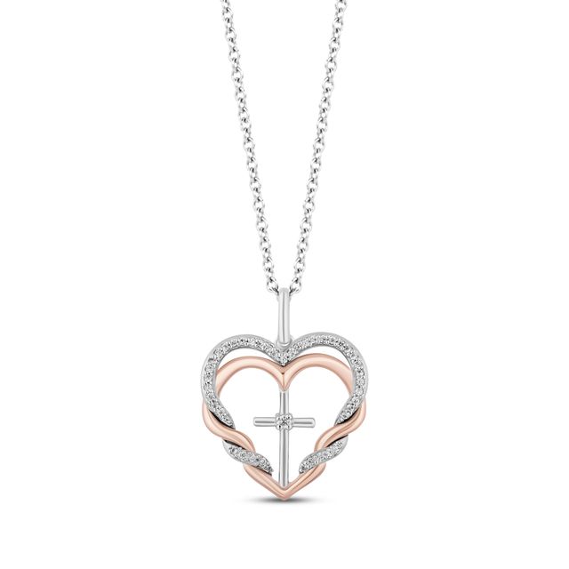 Kay Hallmark Diamonds Double Heart & Cross Necklace 1/8 ct tw Sterling Silver & 10K Rose Gold 18”