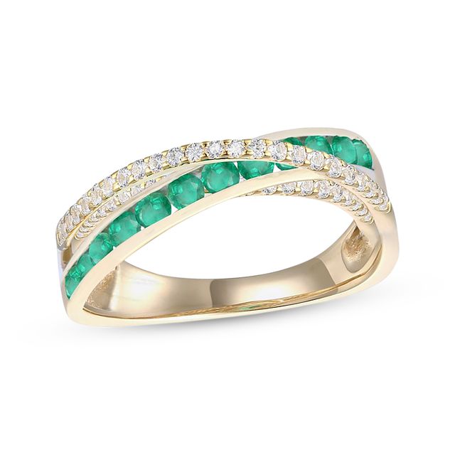 Round-Cut Emerald & Diamond Crossover Ring 1/4 ct tw 10K Yellow Gold