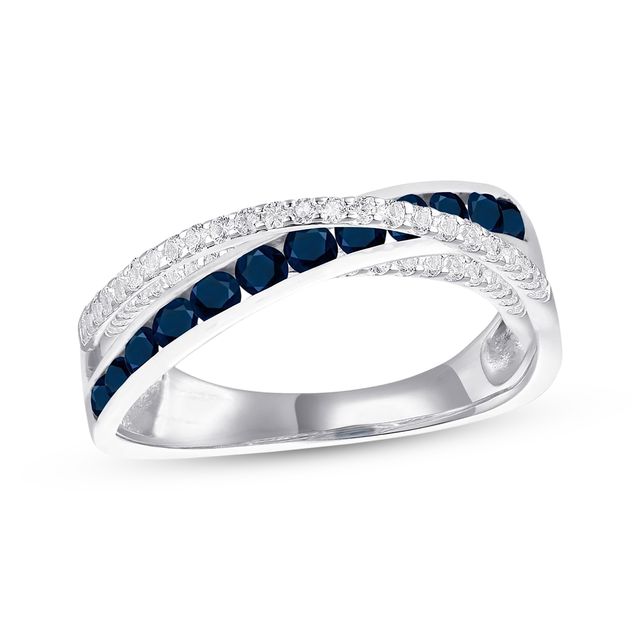 Round-Cut Blue Sapphire & Diamond Crossover Ring 1/4 ct tw 10K White Gold