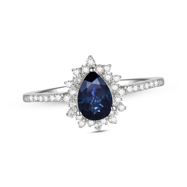 Pear-Shaped Blue Sapphire & Round-Cut Diamond Ring 1/5 ct tw 10K White Gold