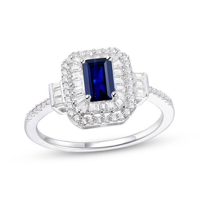 Emerald-Cut Blue Sapphire & Diamond Ring 1/3 ct tw 10K White Gold