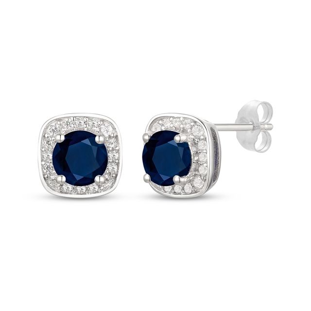 Round-Cut Blue Sapphire & Diamond Stud Earrings 1/8 ct tw 10K White Gold