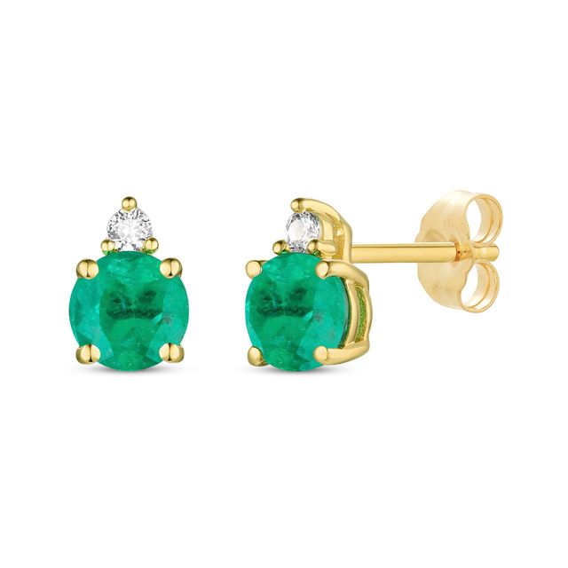Round-Cut Emerald & Diamond Stud Earrings 1/20 ct tw 10K Yellow Gold