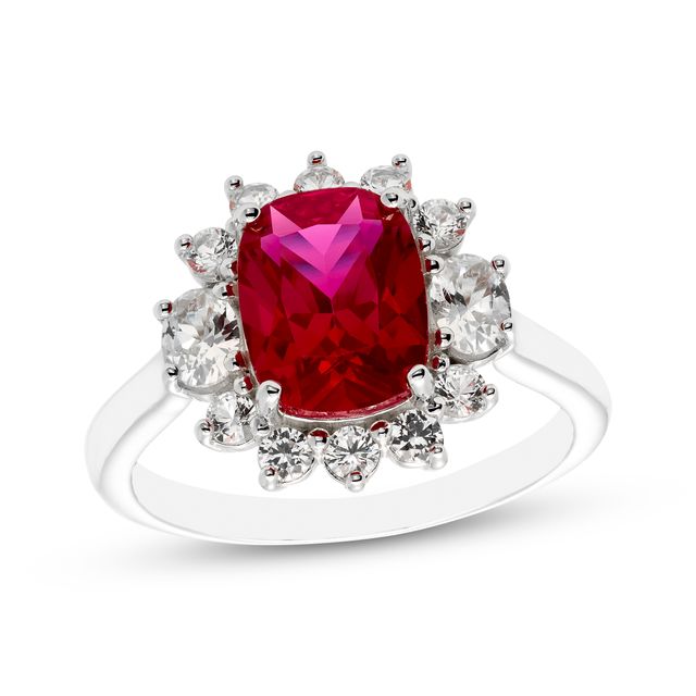 Cushion-Cut Lab-Created Ruby, Oval & Round-Cut White Lab-Created Sapphire Ring Sterling Silver