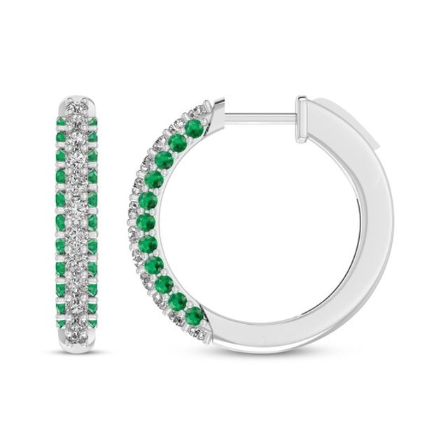 Round-Cut Lab-Created Emerald & White Lab-Created Sapphire Hoop Earrings Sterling Silver