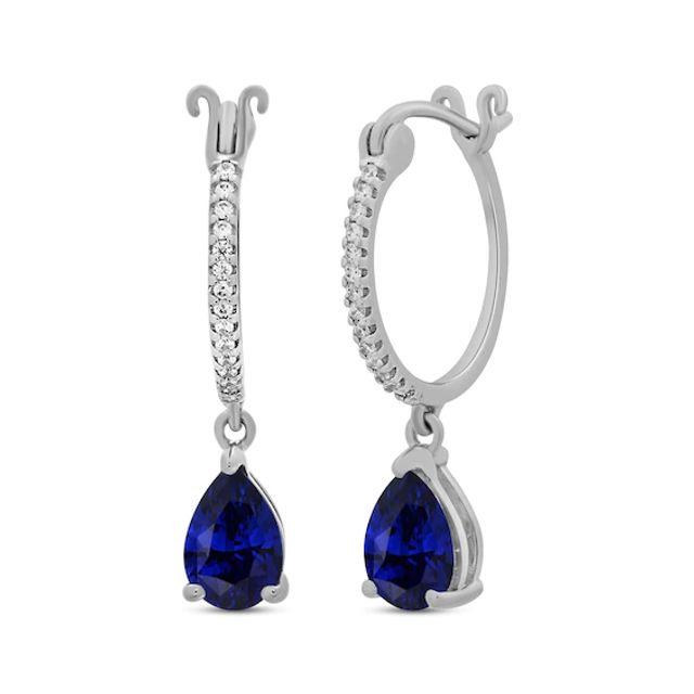 Pear-Shaped Blue Sapphire & Round-Cut Diamond Drop Hoop Earrings 1/10 ct tw 10K White Gold