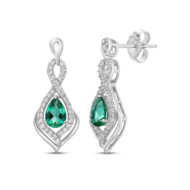 Pear-Shaped Lab-Created Emerald & Round-Cut White Lab-Created Sapphire Dangle Earrings Sterling Silver