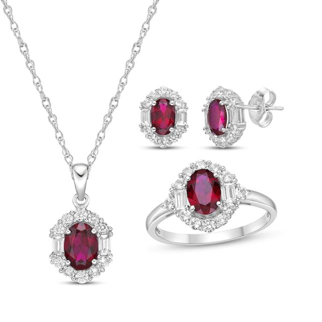 Oval-Cut Lab-Created Ruby & Multi-Shape White Lab-Created Sapphire Gift Set Sterling Silver