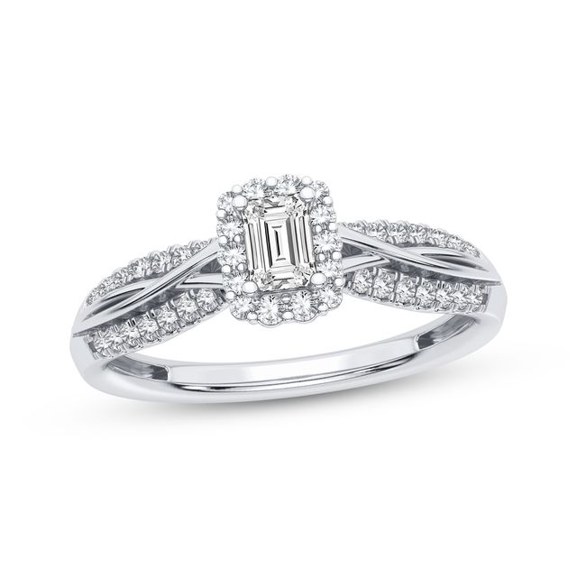 Emerald-Cut & Round-Cut Diamond Engagement Ring 3/8 ct tw 14K White Gold