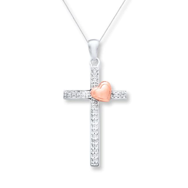 Cross Necklace 1/20 ct tw Diamonds Sterling Silver & 10K Rose Gold
