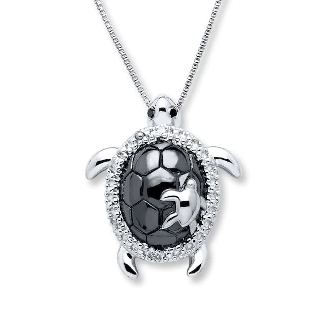 Turtle Necklace Black & White Diamonds Sterling Silver