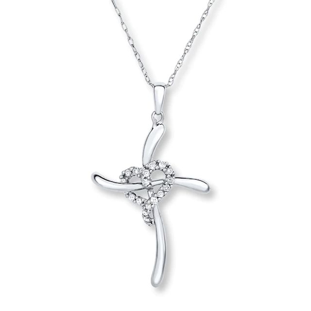 Cross Necklace 1/10 ct tw Diamonds 10K White Gold 18"