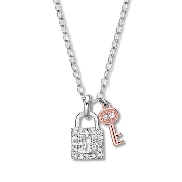 Diamond Lock & Key Necklace 1/10 ct tw Sterling Silver & 10K Rose Gold
