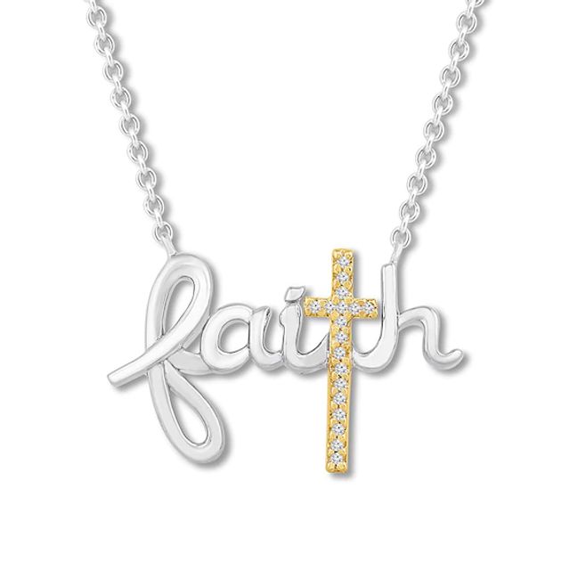 Diamond "Faith" Cross Necklace Sterling Silver & 10K Yellow Gold 18"