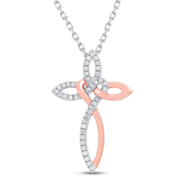 Diamond Cross Necklace 1/10 ct tw Sterling Silver & 10K Rose Gold