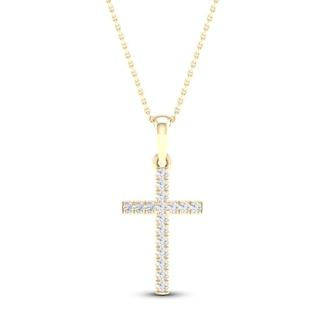 Diamond Cross Necklace 1/10 ct tw Round-Cut 10K Yellow Gold 18"