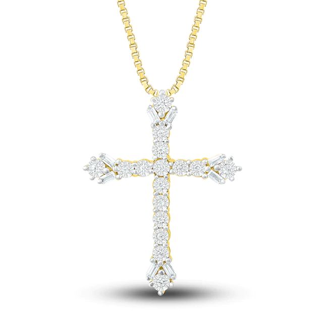 Diamond Cross Necklace 1/6 ct tw Round & Baguette 10K Yellow Gold 18"
