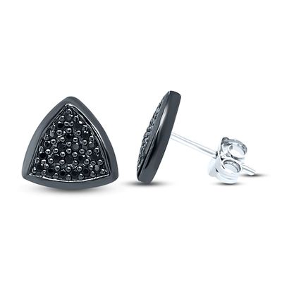 Men's Triangle Black Diamond Stud Earrings 1/3 ct tw Round-cut 10K White Gold