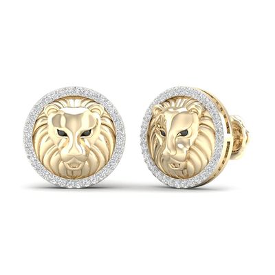 Kay Men's Black & White Diamond Lion Stud Earrings 1/5 ct tw Round-cut 10K Yellow Gold