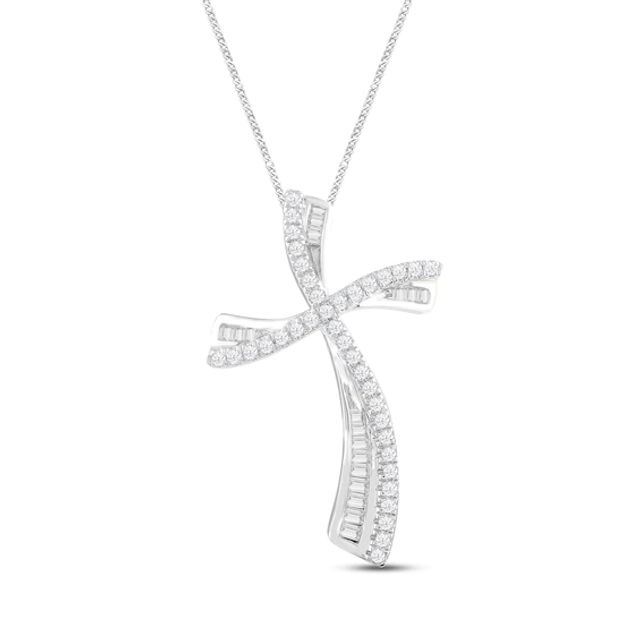Diamond Cross Necklace 1/3 ct tw Round & Baguette-cut 10K White Gold 19"