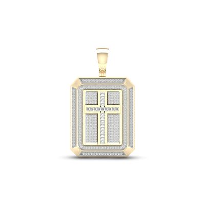 Men's Diamond Cross Dog Tag Pendant 1 ct tw Round & Baguette-cut 10K Yellow Gold