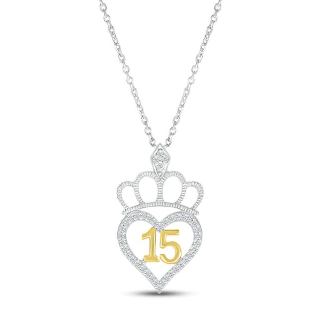 Diamond Quinceañera Tiara Heart Necklace 1/5 ct tw Round-cut Sterling Silver & 10K Yellow Gold 18"