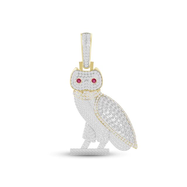 Kay Diamond & Lab-Created Ruby Owl Charm 3/4 ct tw Round & Baguette-cut 10K Yellow Gold