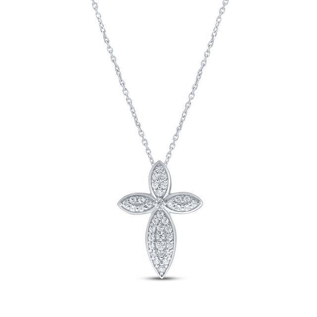 Diamond Curved Cross Necklace 1/5 ct tw 10K White Gold 18"