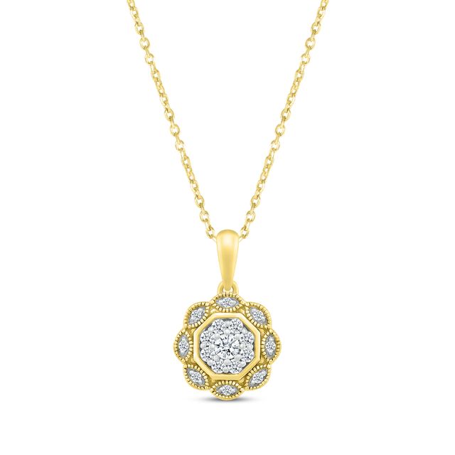 Diamond Milgrain Flower Necklace 1/4 ct tw 10K Yellow Gold 18"