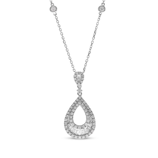 Baguette & Round-Cut Diamond Teardrop Necklace 3/4 ct tw 14K White Gold 18"