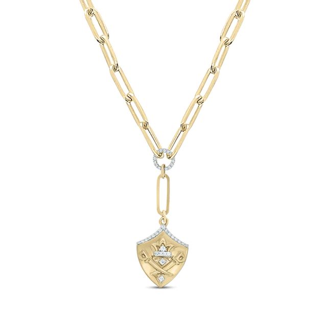 Round-Cut Diamond Coat of Arms Disc Paperclip Chain Y-Drop Necklace 1/6 ct tw 10K Yellow Gold 18”