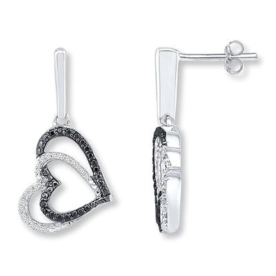 Black & White Diamond Heart Earrings 1/4 ct tw Sterling Silver