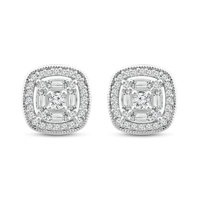 Diamond Stud Earrings 1/4 ct tw Round & Baguette Cut 10K White Gold