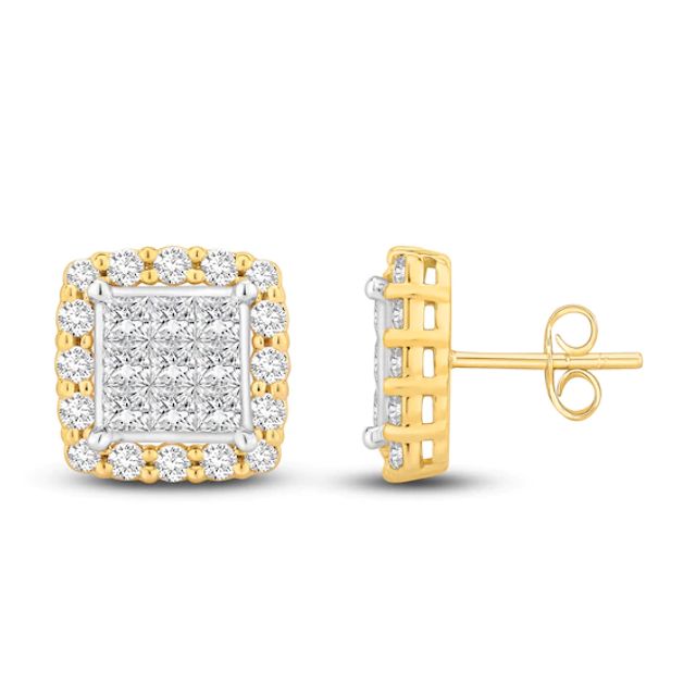 Diamond Cushion Earrings 2 ct tw Princess & Round-cut 10K Two-Tone Gold